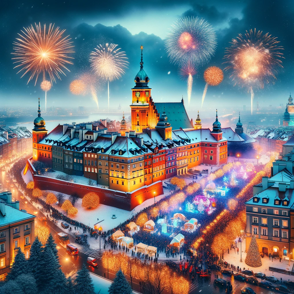 New Year's Eve in Warsaw with Illuminated Royal Castle and Fireworks
