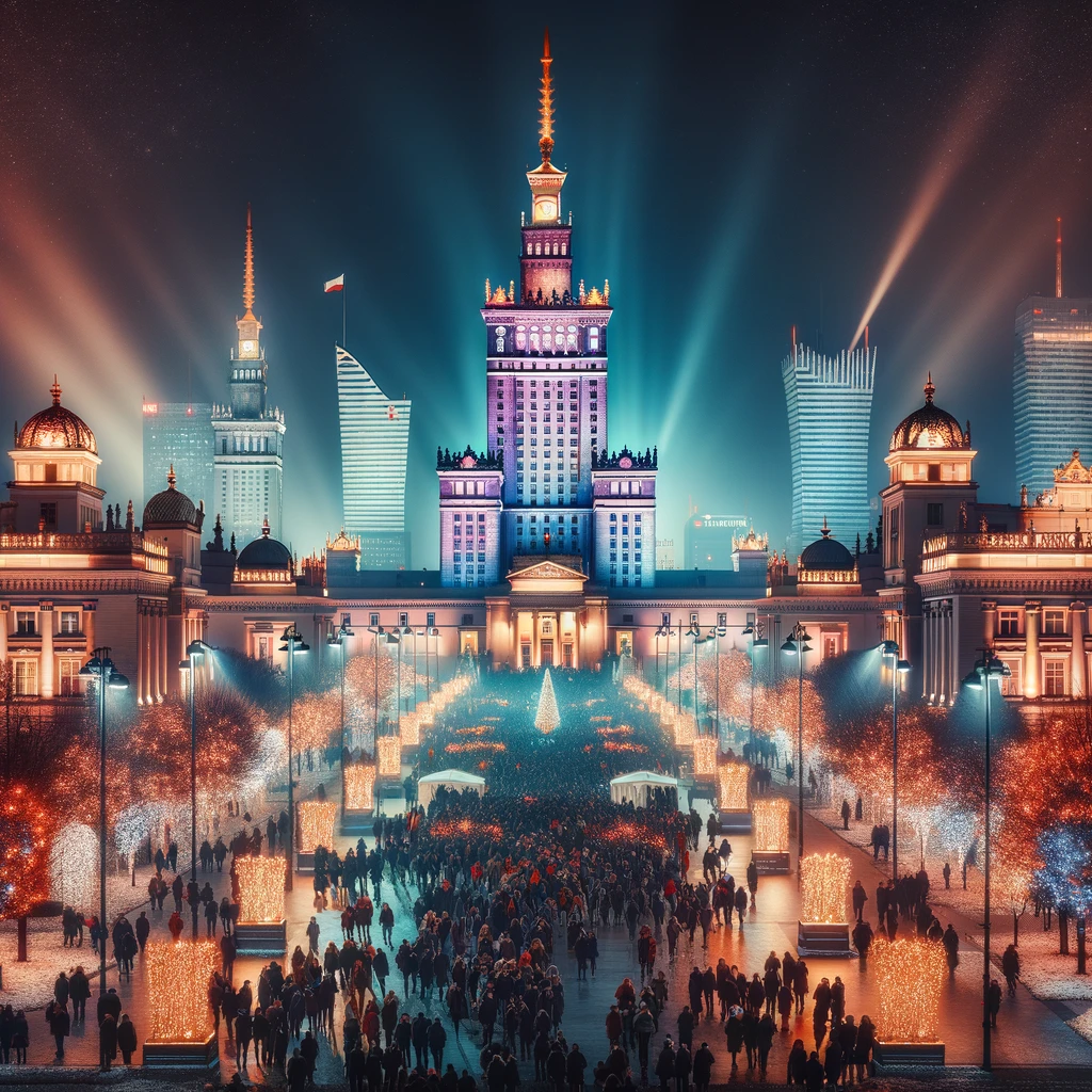 Illuminated Royal Castle and Palace of Culture and Science in Warsaw During New Year