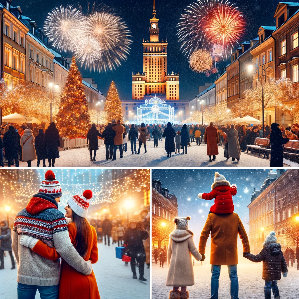 Festive Public Celebration with Fireworks Display on New Year's Eve in Warsaw