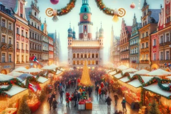 Vibrant New Year Celebrations in Poznań with Colorful Decorations and Joyful Crowds