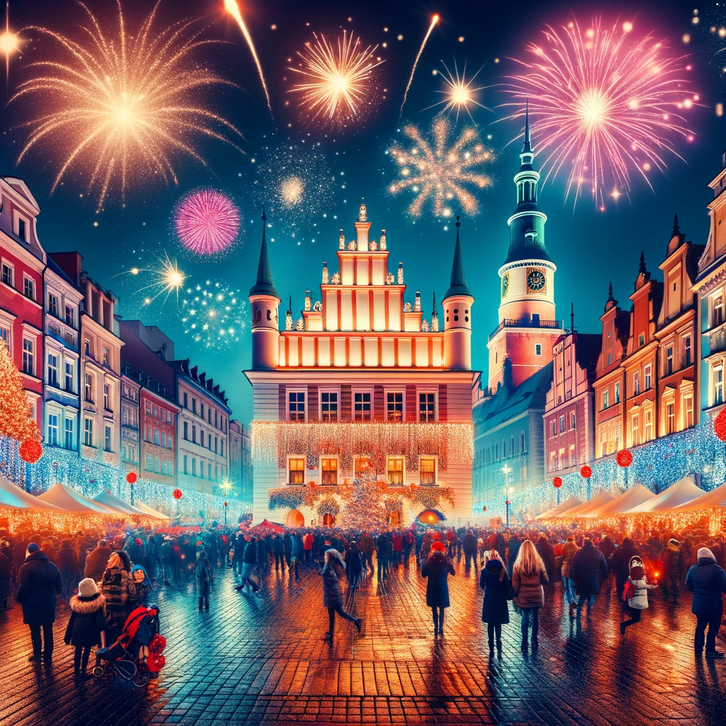 Joyful Celebration of New Year's Eve at Poznań's Old Market Square with Fireworks and Festive Lights