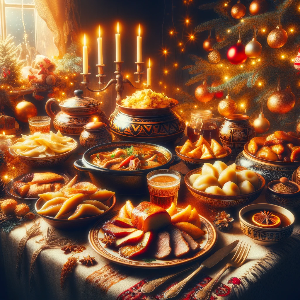 Traditional Polish New Year's Eve feast with bigos, pierogi, and sledzie