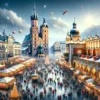 Vibrant New Year's Eve celebrations in Krakow's historic main square with festive decorations and a joyous crowd.