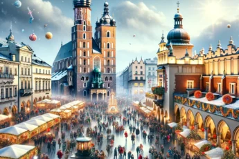 Vibrant New Year's Eve celebrations in Krakow's historic main square with festive decorations and a joyous crowd.