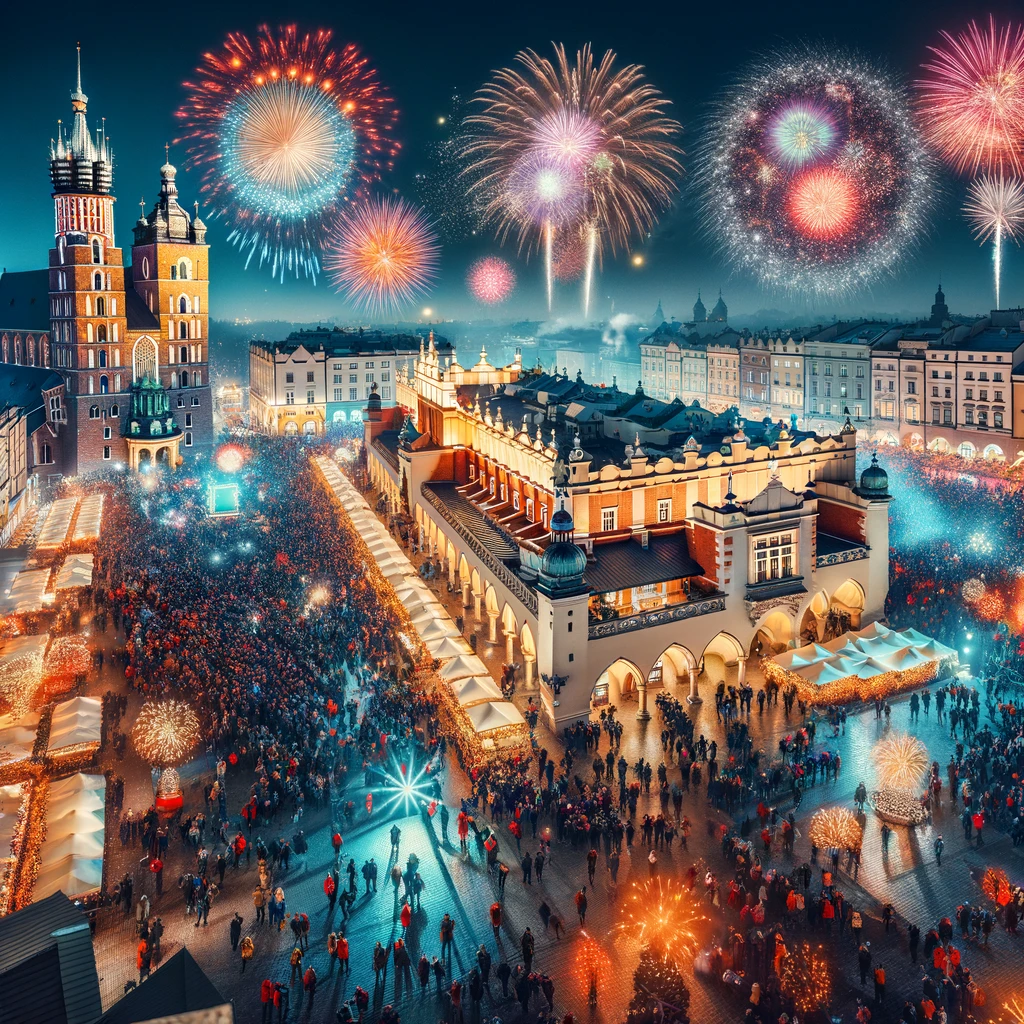 New Year's Eve Celebration in Krakow's Main Market Square with Fireworks and Illuminated Historic Buildings.