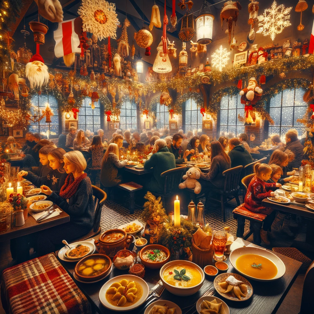 Families Enjoying a Festive Meal in a Traditional Polish Restaurant in Krakow.