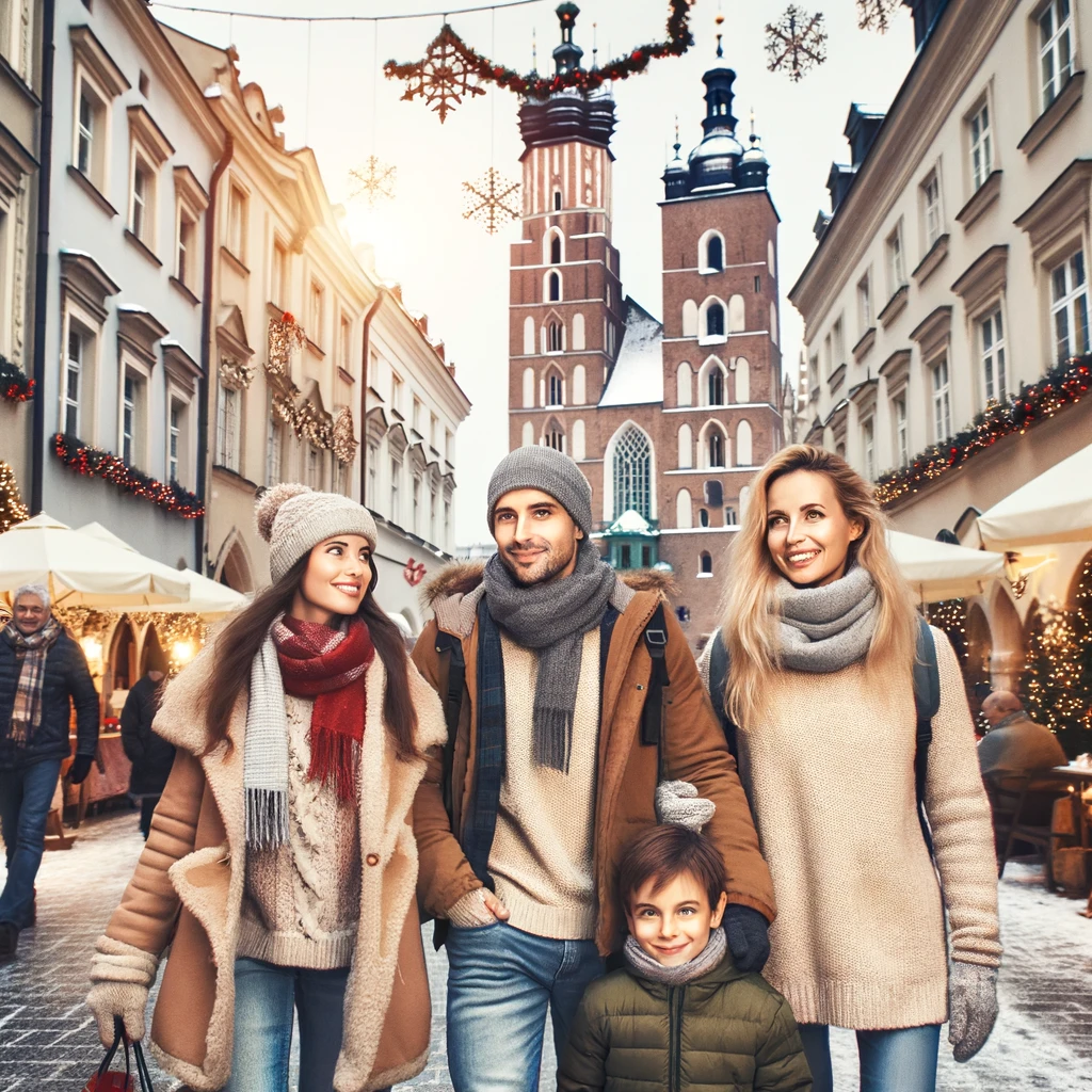 A Family Enjoying a Winter Vacation in Krakow's Festive Streets.