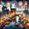 Vibrant New Year's Eve Celebrations in Gdansk with Fireworks and Historic Cityscape