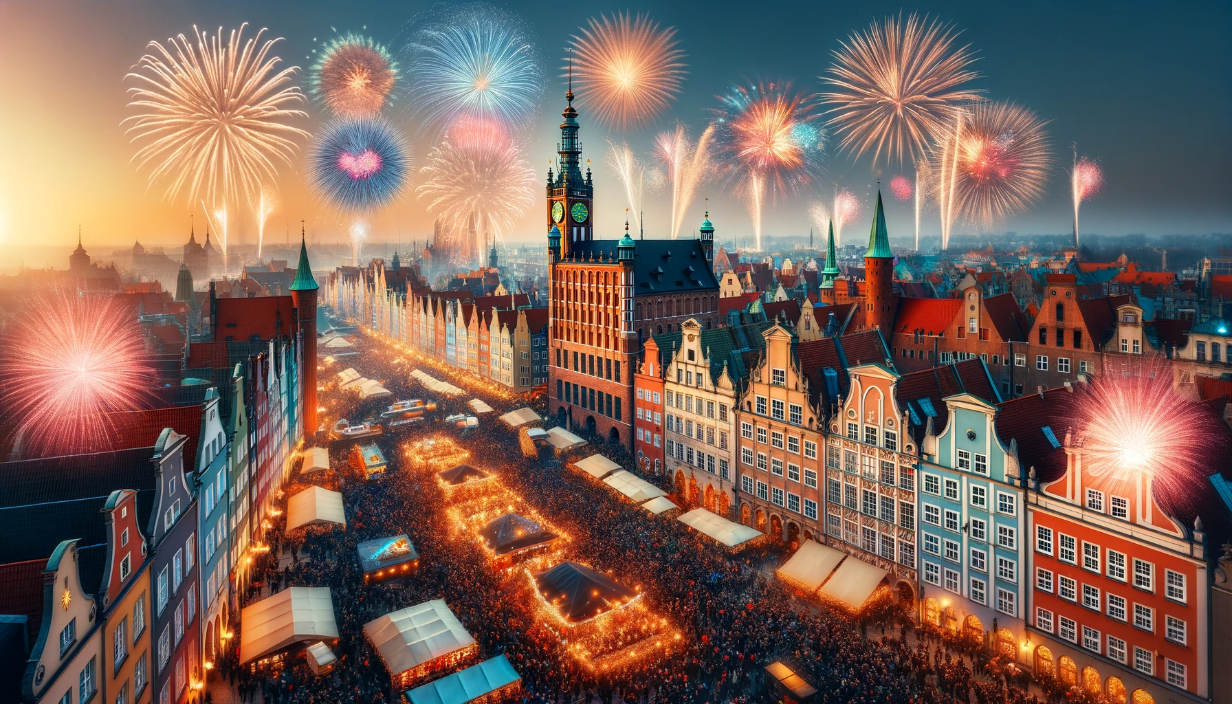 Spectacular New Year's Eve Fireworks at Long Market in Gdansk