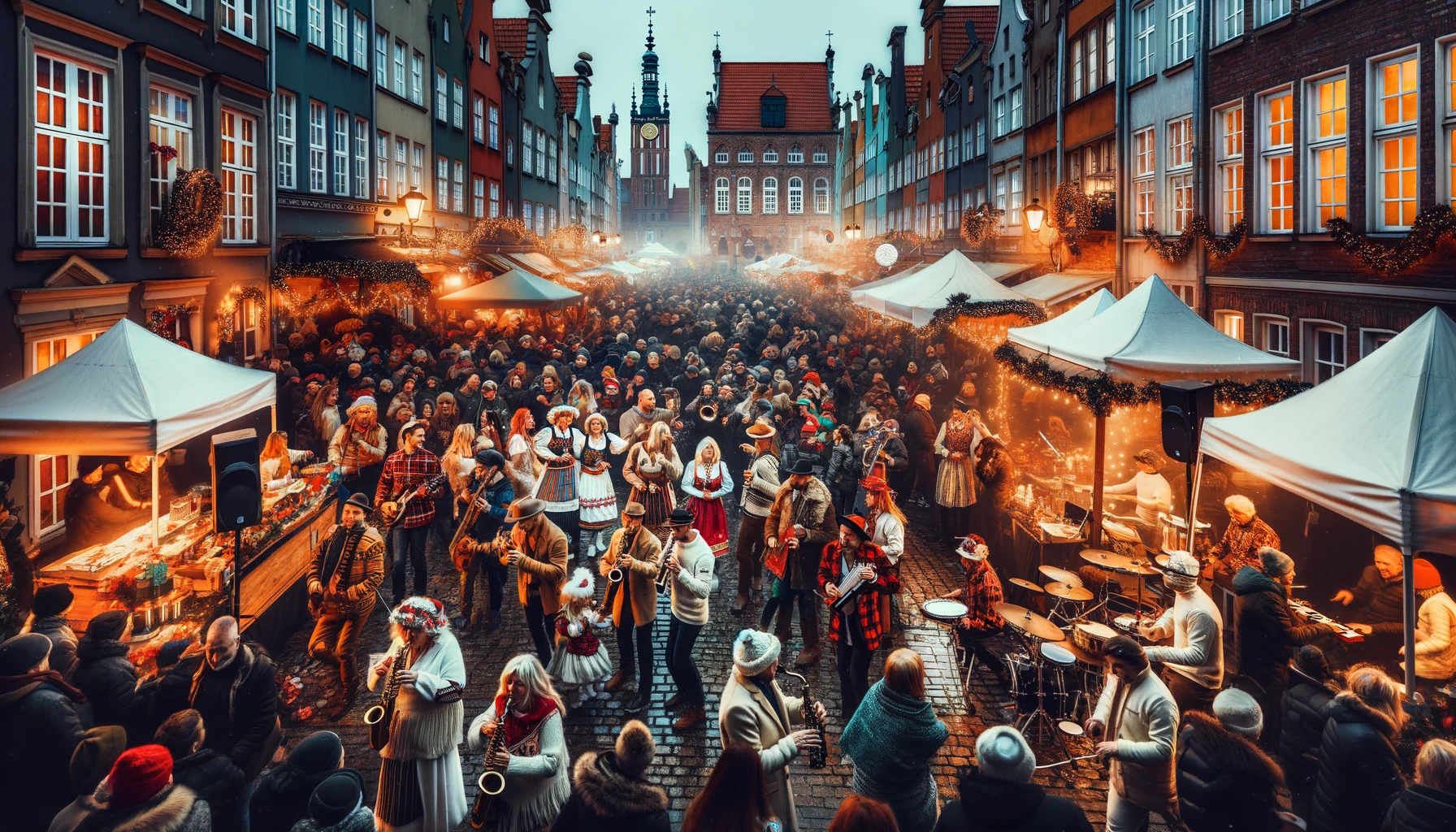 Vibrant Street Party Celebrations in Gdansk's Old Town During New Year's Eve