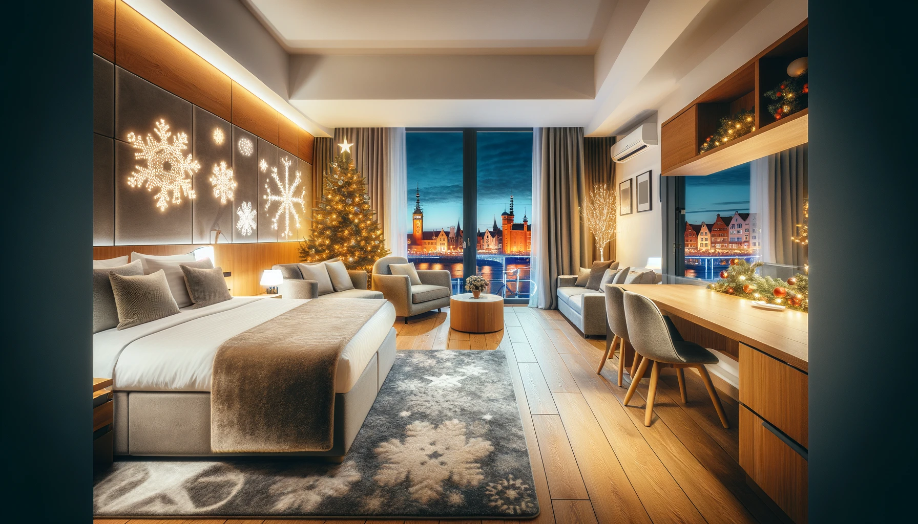 Family-Friendly Modern Hotel Room in Gdansk with Festive Views