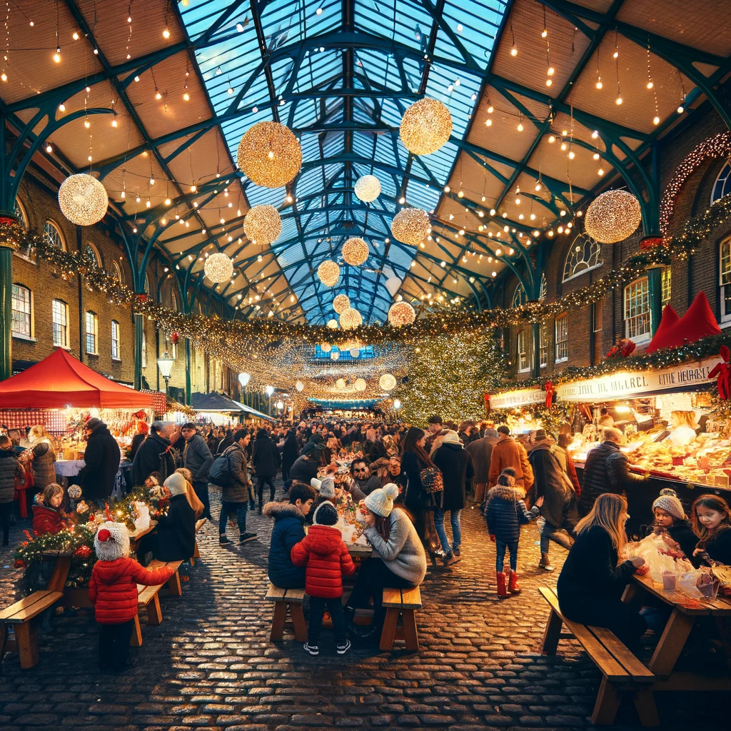 Festive Scene at Borough Market in London on New Year's Eve