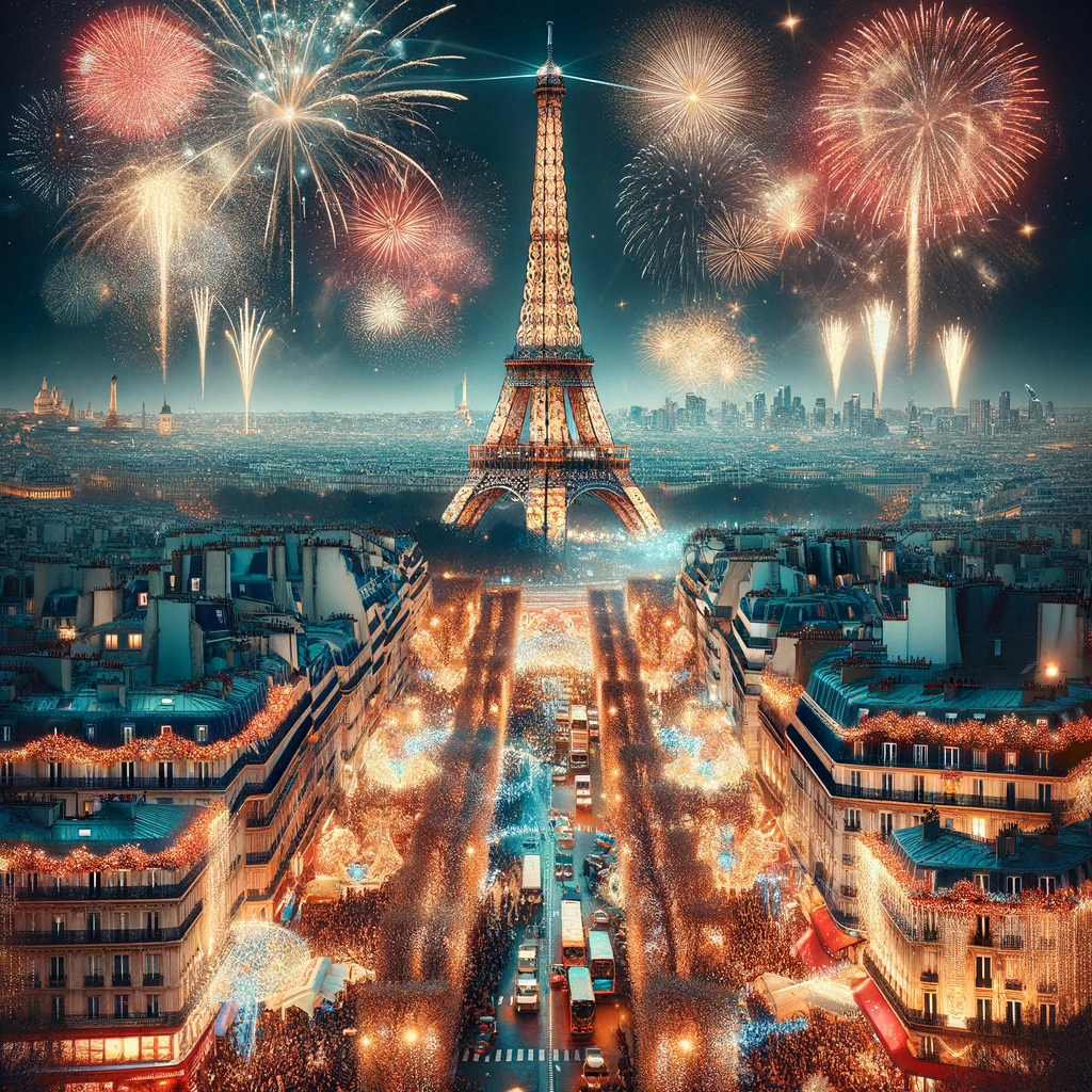 Illuminated Eiffel Tower and Fireworks Celebrating New Year's Eve in Paris