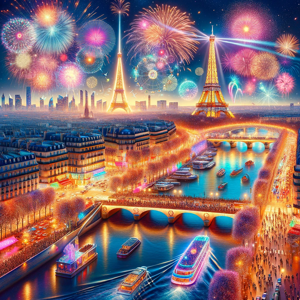 New Year's Eve Celebrations on Champs-Élysées with Eiffel Tower Light Show in Background