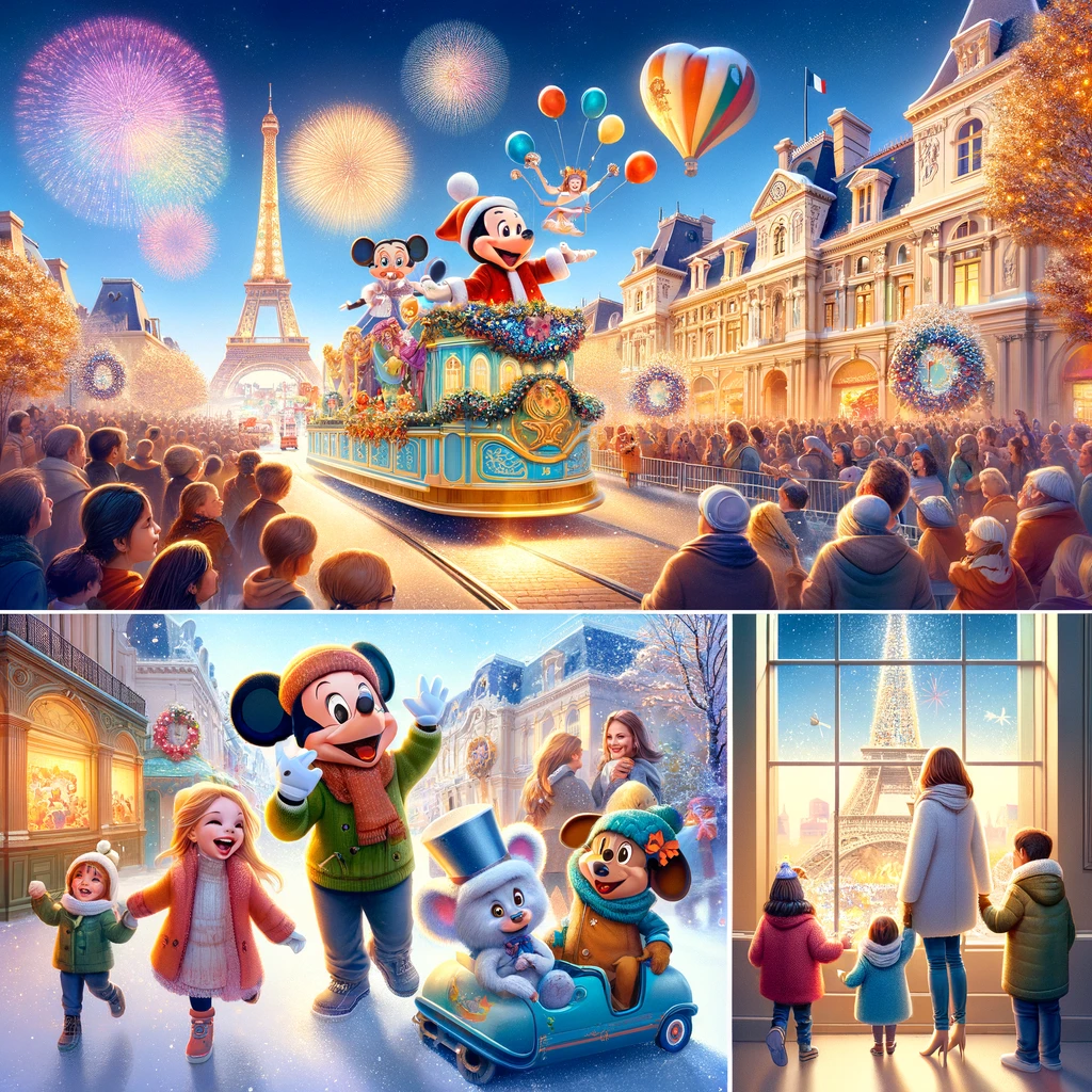 Families Enjoying a Festive Parade at Disneyland Paris on New Year's Eve