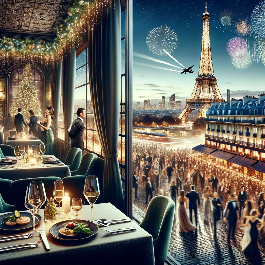 Elegant Parisian Restaurant with Eiffel Tower View and Vibrant Nightclub Scene on New Year's Eve
