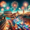 Festive New Year's Eve celebration in Rome with fireworks over the Colosseum