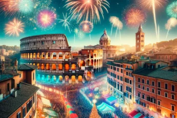 Festive New Year's Eve celebration in Rome with fireworks over the Colosseum