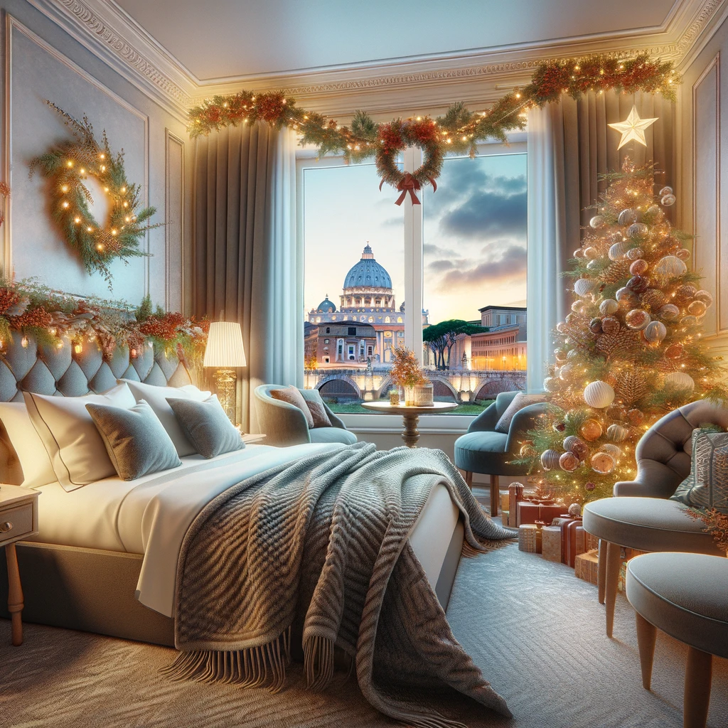Cozy family-friendly hotel room in Rome decorated for New Year's Eve