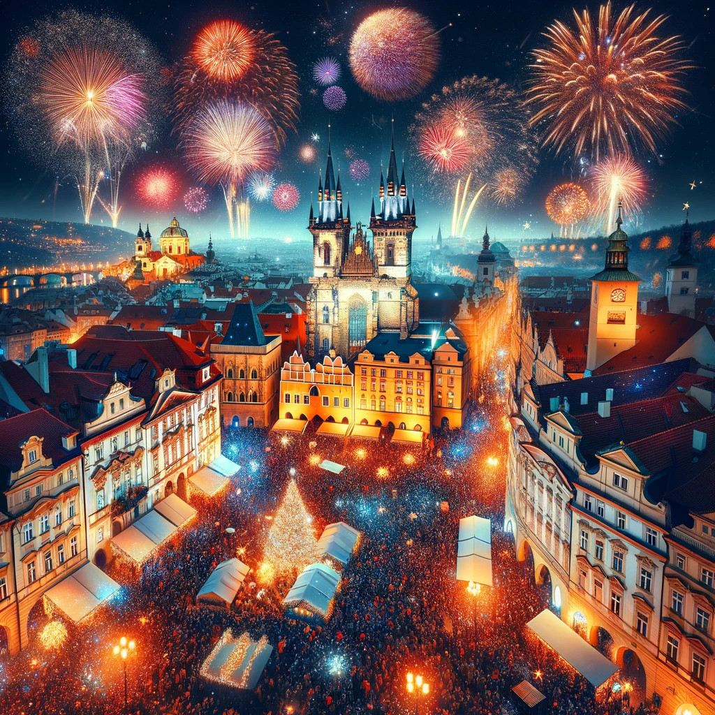New Year's Eve in Prague with Joyful Crowds and Fireworks
