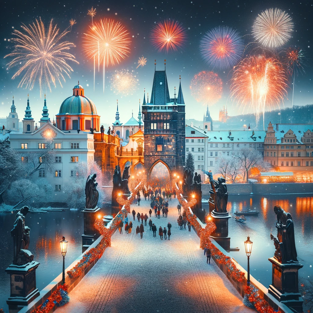 New Year's Eve at Charles Bridge in Prague with Fireworks