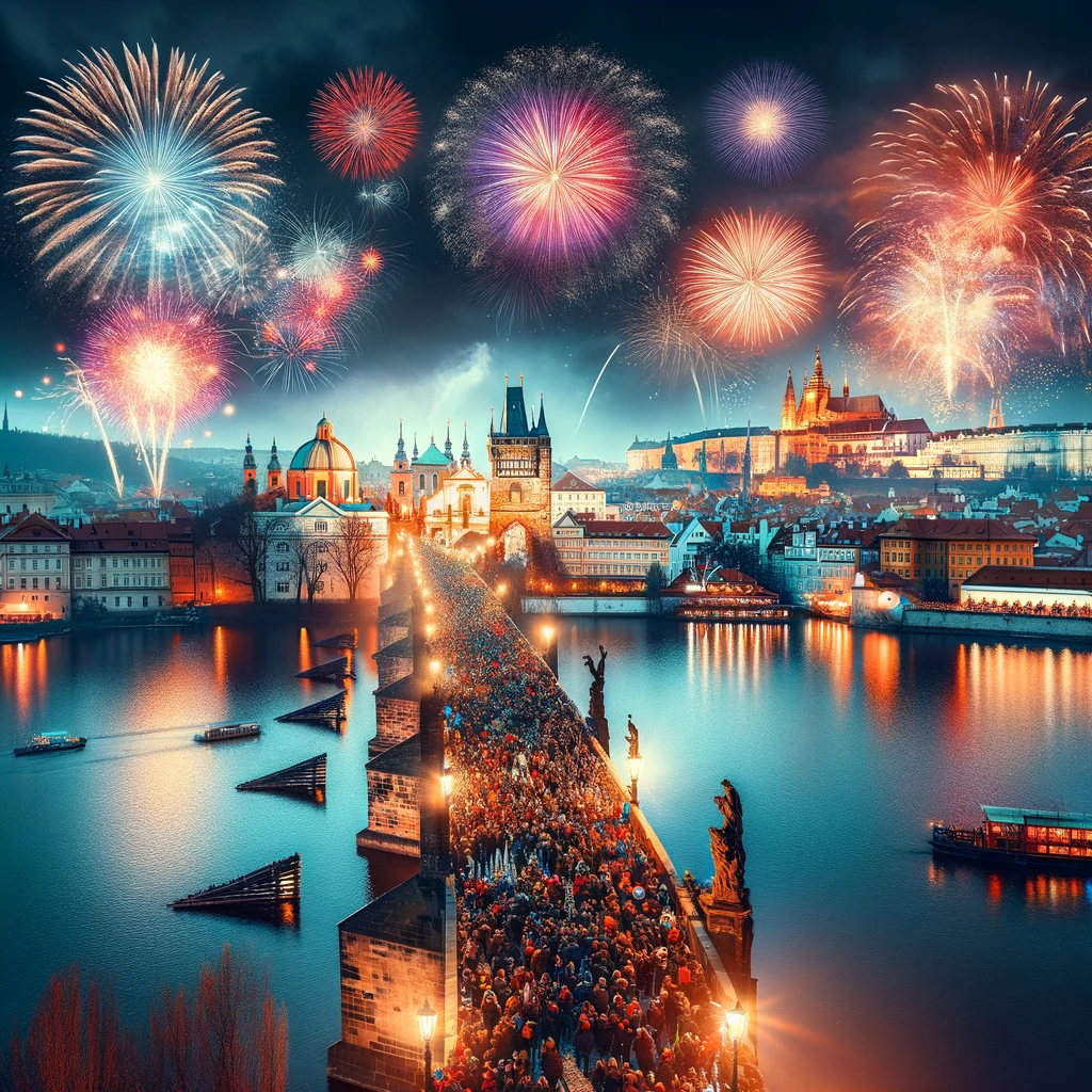 Spectacular New Year's Eve Fireworks over Prague from Charles Bridge