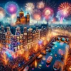 Vibrant New Year's Eve celebration in Amsterdam with fireworks, crowded streets, and illuminated historical buildings along the canals.