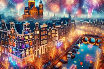 Vibrant New Year's Eve celebration in Amsterdam with fireworks, crowded streets, and illuminated historical buildings along the canals.