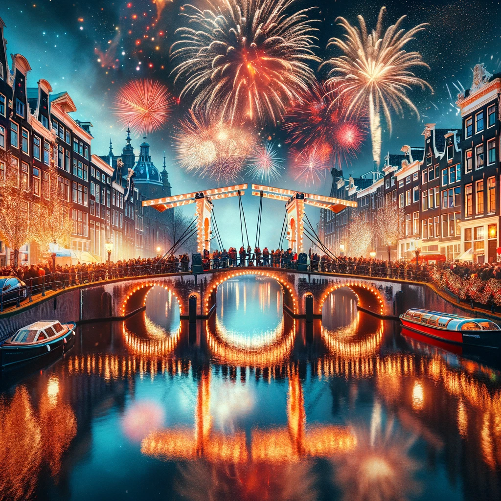 Vibrant New Year's Eve celebrations at Magere Brug over the Amstel River in Amsterdam, with stunning fireworks and lively street festivities.