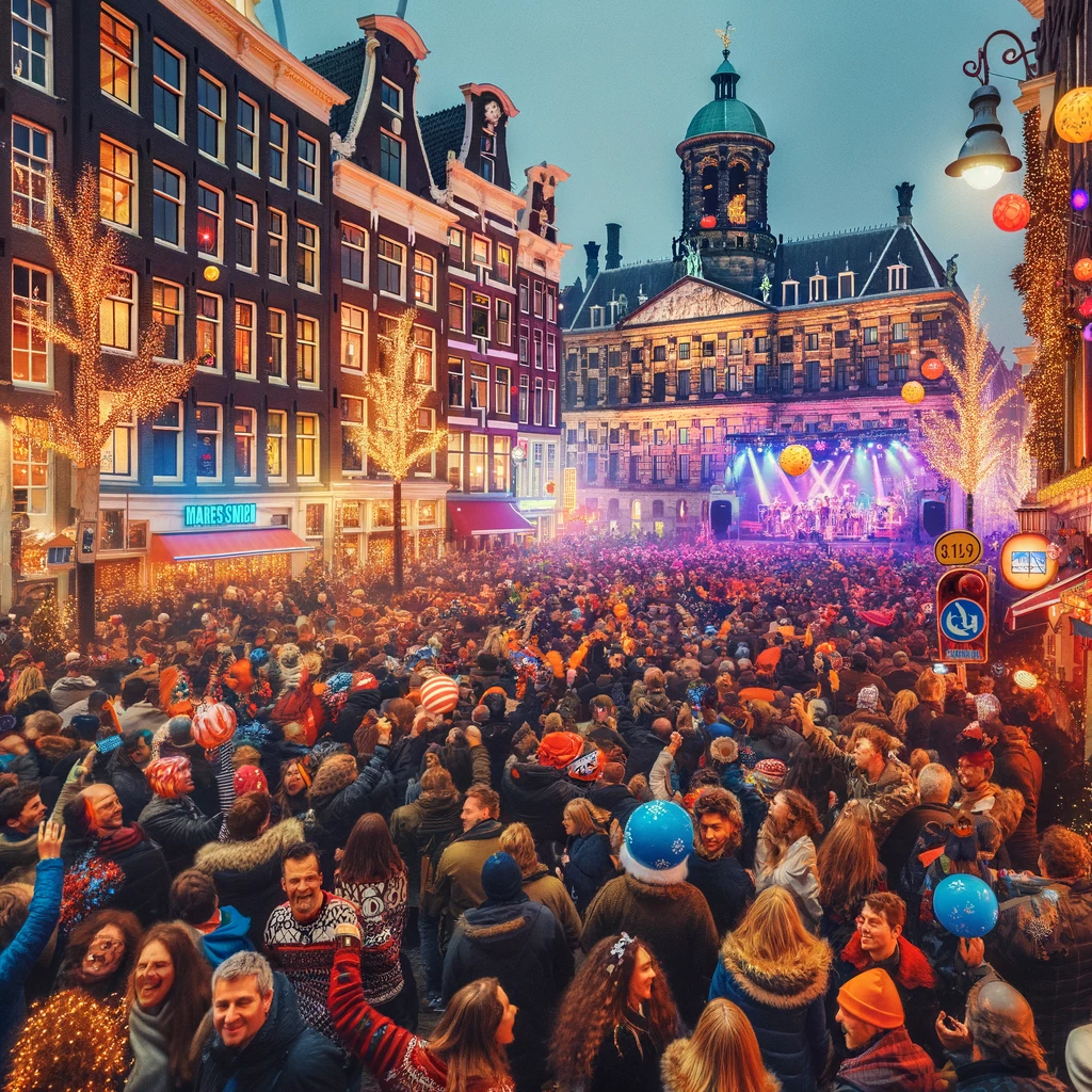 Vibrant New Year's Eve celebrations at Dam Square in Amsterdam with a festive crowd and lively street decorations.