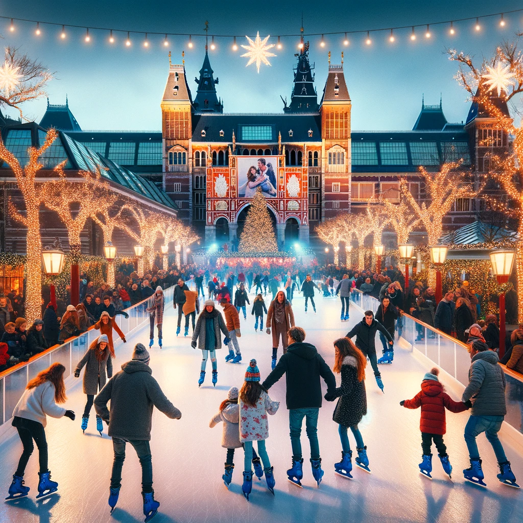 Families enjoying ice skating at Museumplein in Amsterdam during New Year's Eve, with festive lights and the Rijksmuseum in the background.
