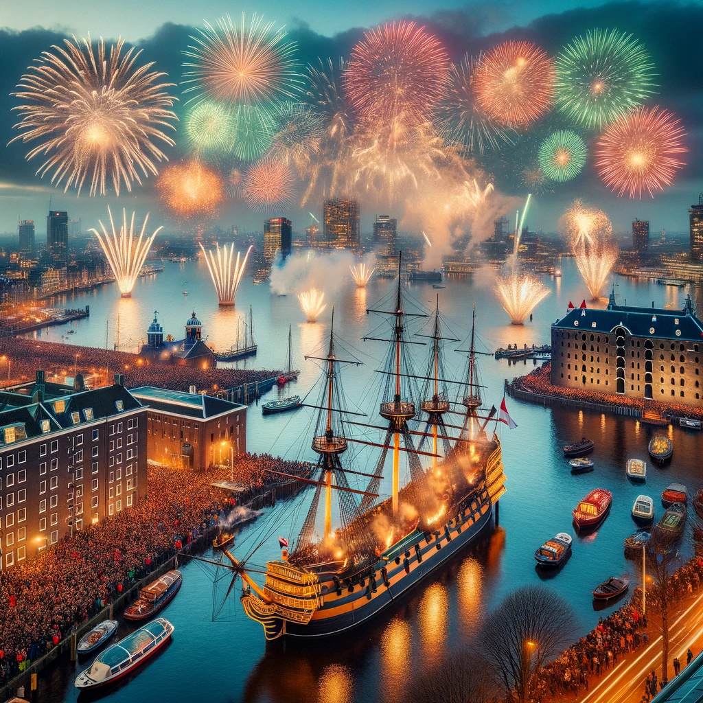 Spectacular New Year's Eve fireworks display over Oosterdok in Amsterdam, with the Maritime Museum and VOC ship replica in view.
