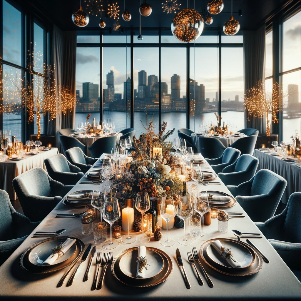 Luxurious New Year's Eve dinner setting at Ciel Bleu Restaurant in Amsterdam with city skyline views.