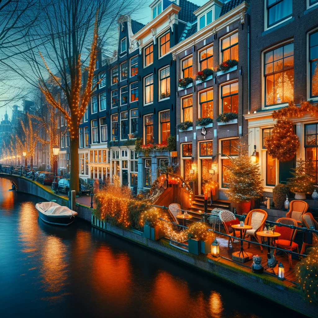 Charming canal-side hotel in Amsterdam with festive decorations and a picturesque view of the canals, perfect for a New Year's stay.
