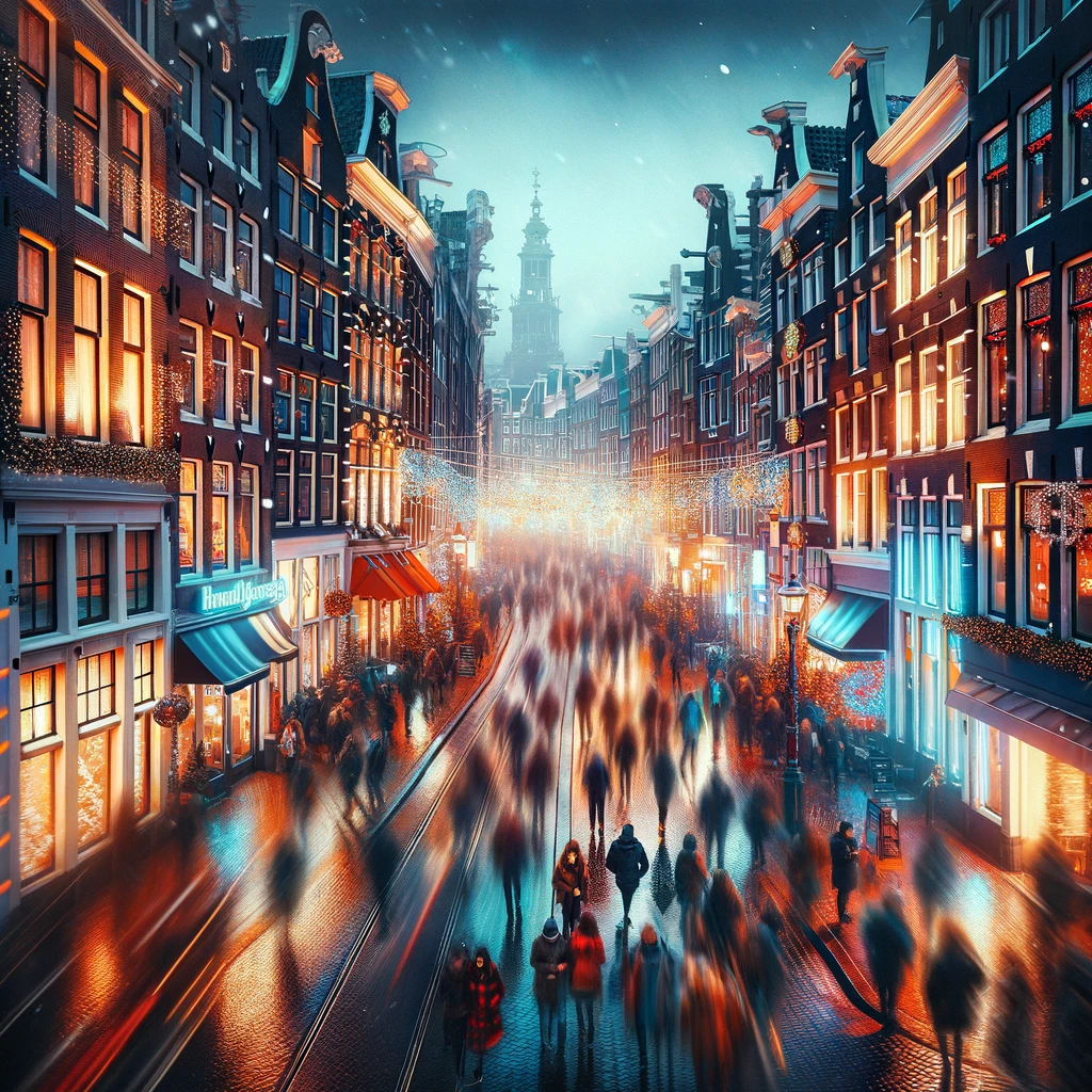 Lively New Year's Eve scene on an Amsterdam street with people enjoying the festive atmosphere and illuminated cityscape.