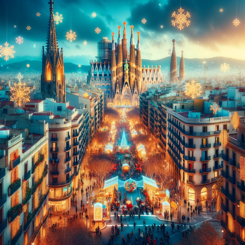 Festive Barcelona streets during New Year's with landmarks illuminated and people celebrating.