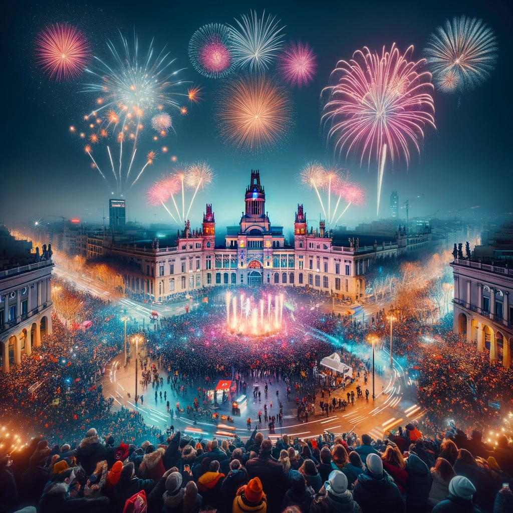 Spectacular fireworks display at Plaça d'Espanya on New Year's Eve in Barcelona.