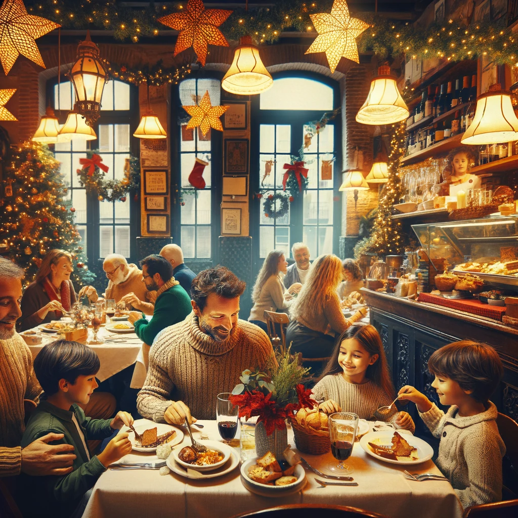 A family enjoying a festive meal in a traditional Barcelona restaurant during New Year's.