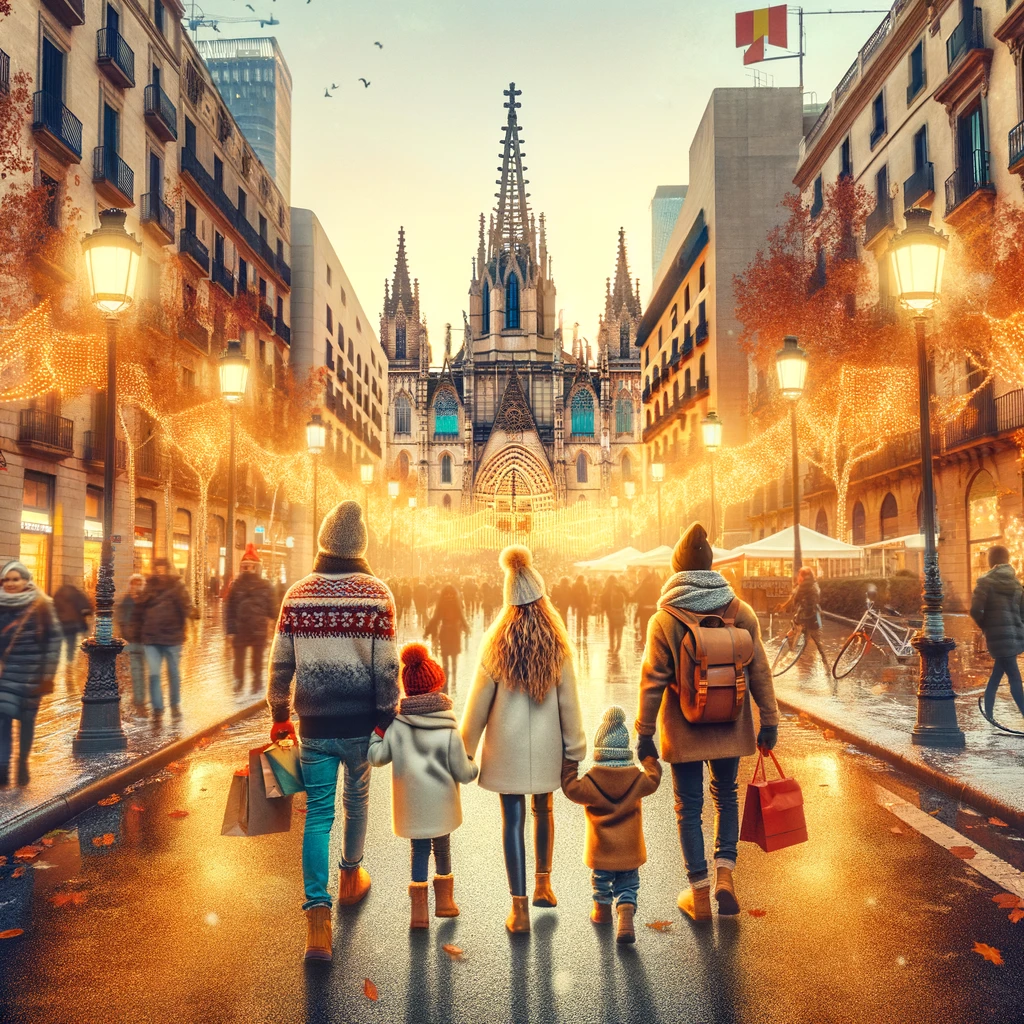 A family enjoying a safe and festive exploration of Barcelona's streets during New Year's.