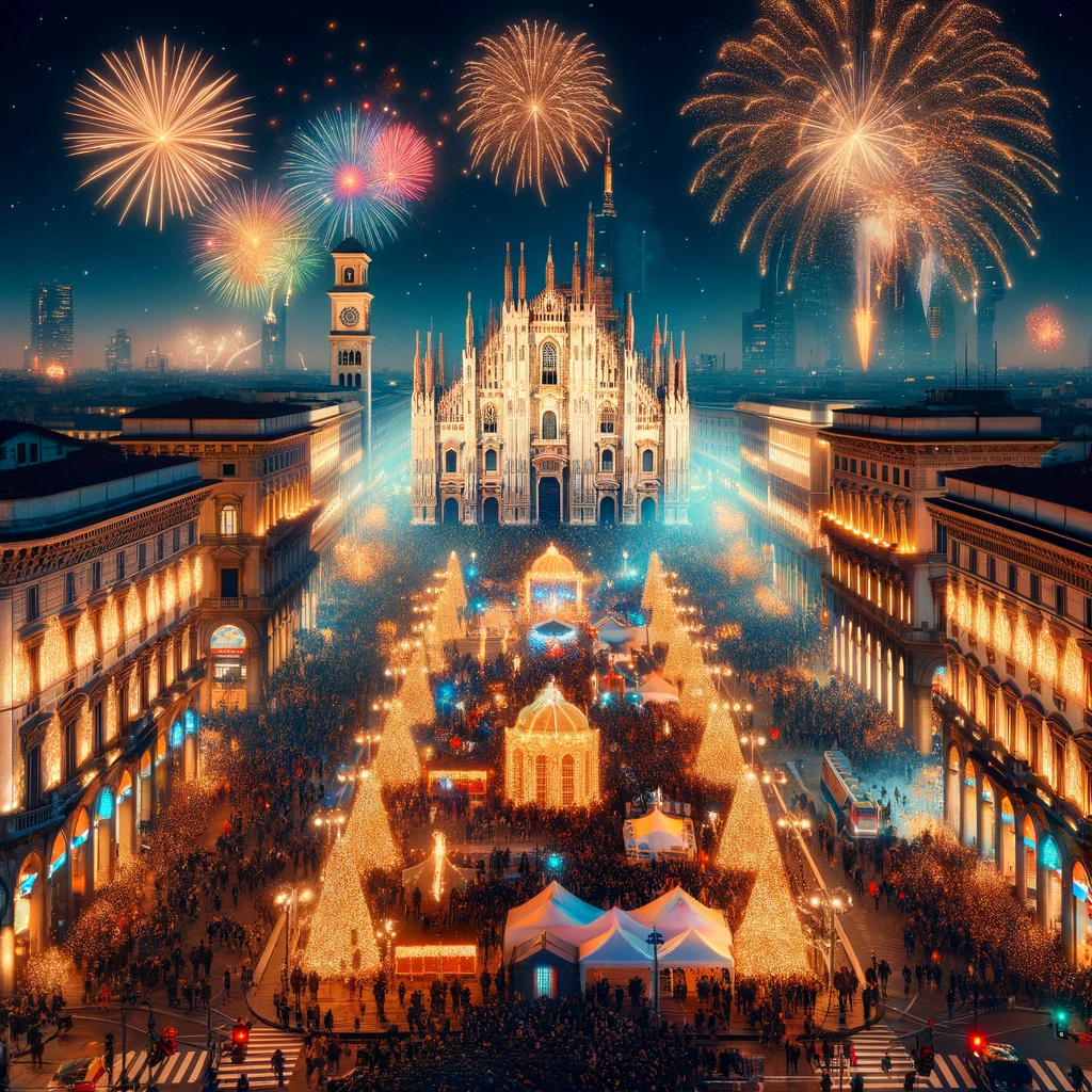 New Year's Eve celebration at the Duomo di Milano with festive lights and fireworks