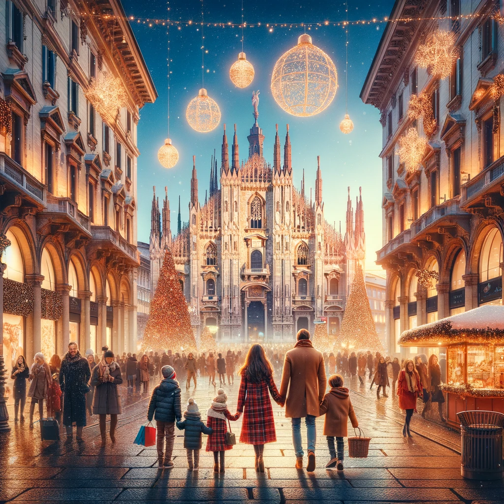 Family celebrating New Year's Eve in the festive streets of Milan with iconic landmarks in the background