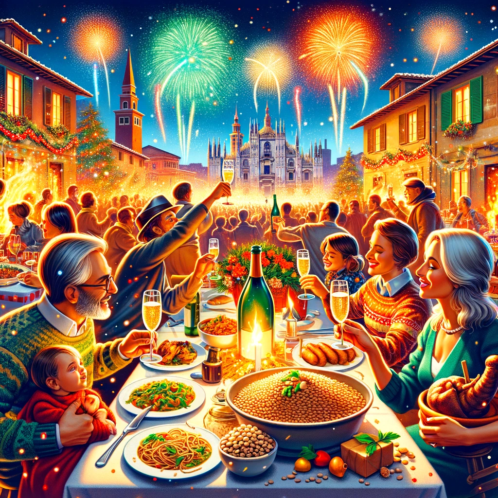 Milanese family enjoying La Cenone di Capodanno with traditional dishes, and a festive toast at midnight with fireworks