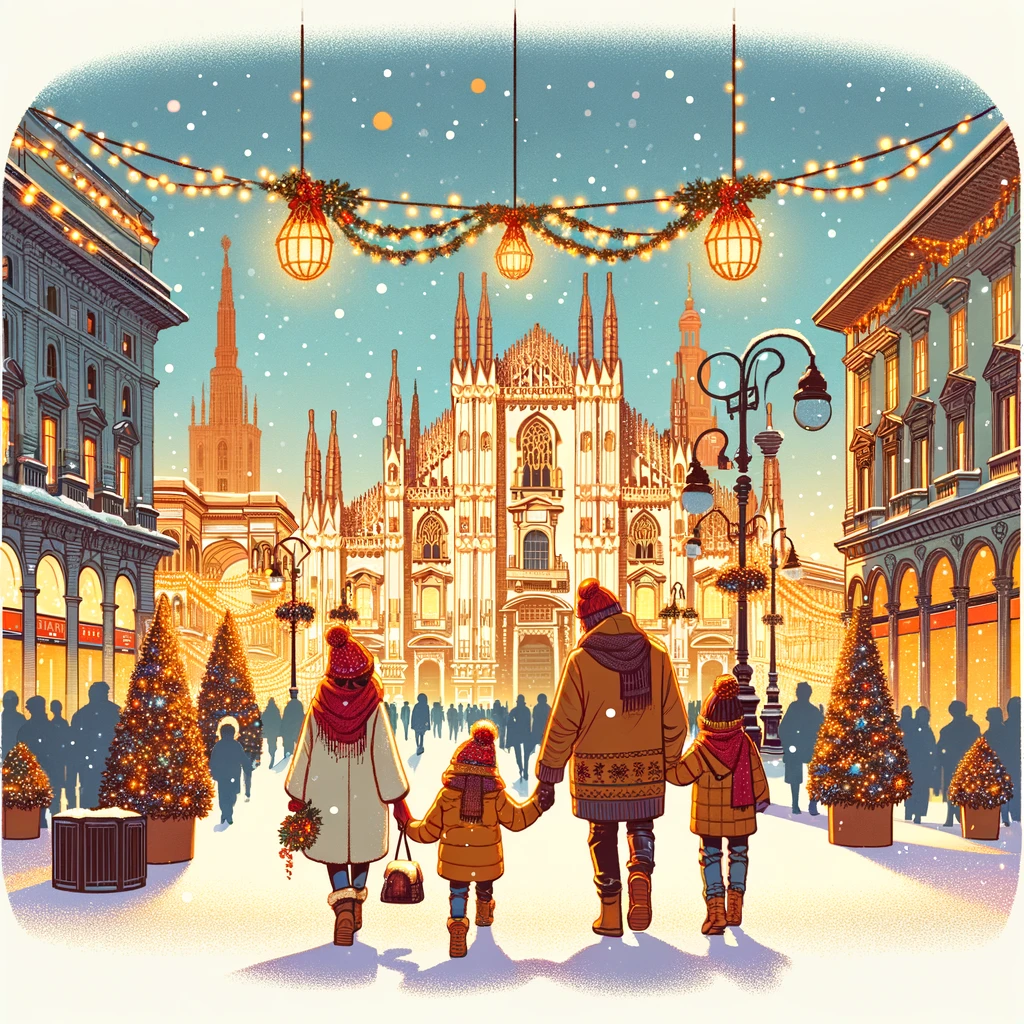 Family exploring festive Milan streets during New Year, with landmarks like the Duomo in holiday lights