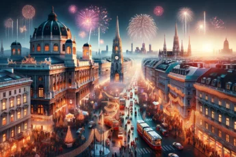 People celebrating New Year's Eve in Vienna with fireworks and city landmarks
