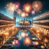 Spectacular New Year's Eve fireworks over San Marco Square in Venice, with reflections in the canal and joyful crowds celebrating.