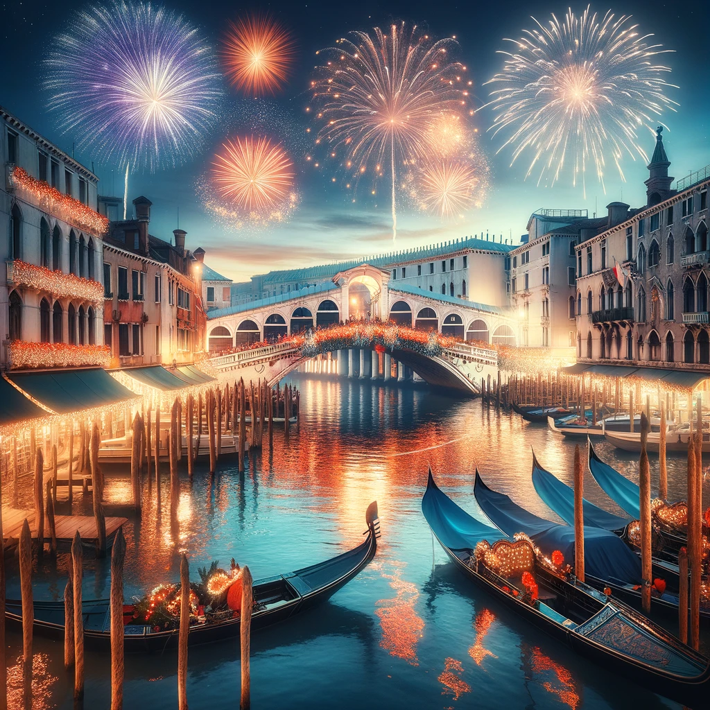 Venice's Rialto Bridge and canals illuminated with holiday lights, fireworks lighting up the New Year's Eve sky