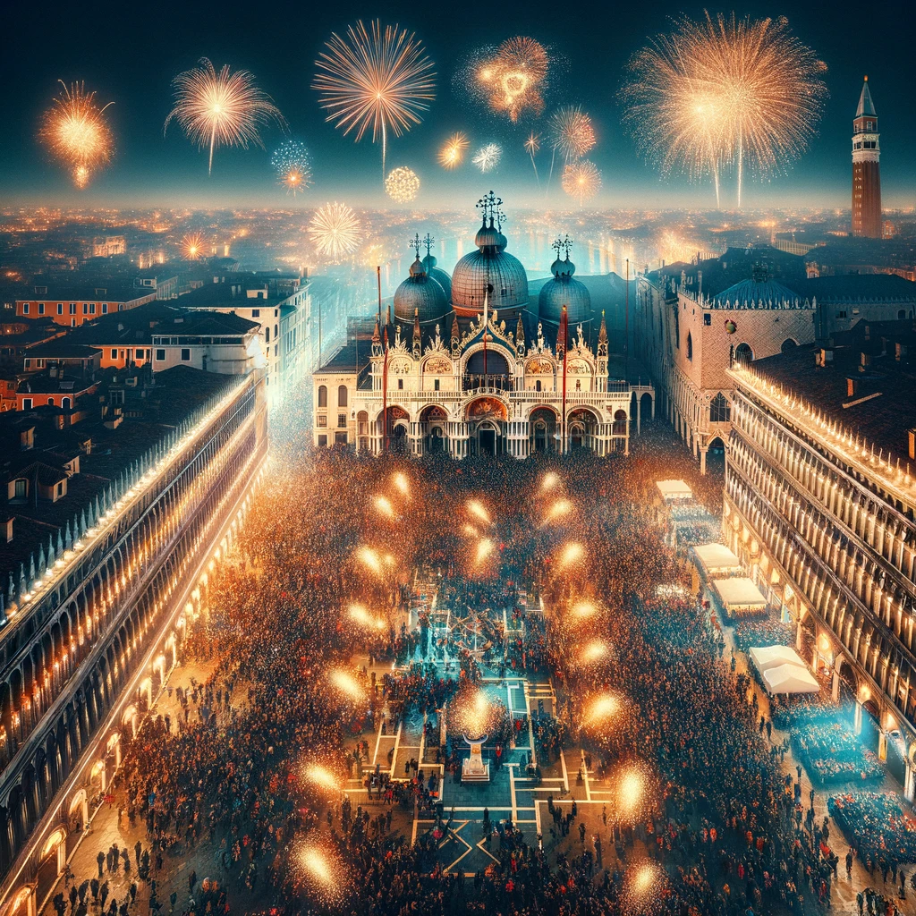 Vibrant New Year's Eve celebration at San Marco Square in Venice, with a fireworks display lighting up the sky above the crowd.