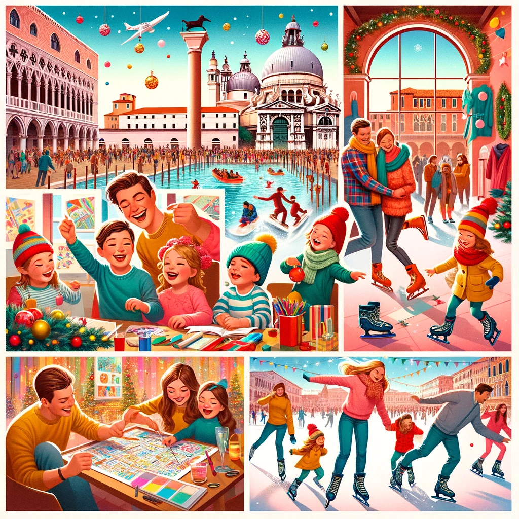 Joyful family with kids engaging in art workshops and ice skating in Venice during a family-friendly New Year's Eve celebration.