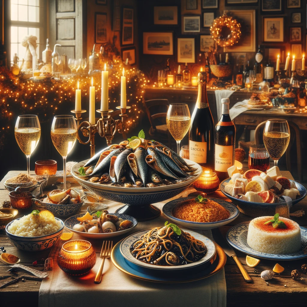 Traditional Venetian holiday dishes on a festive table, including Sarde in Saor, Risotto al Nero di Seppia, and Baccalà Mantecato, complemented by Prosecco and Spritz.