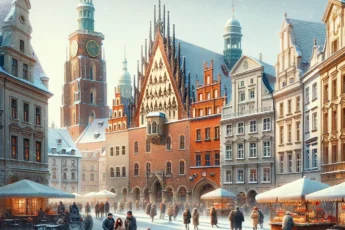 Snow-dusted Old Town Square in Wrocław, bustling with winter charm